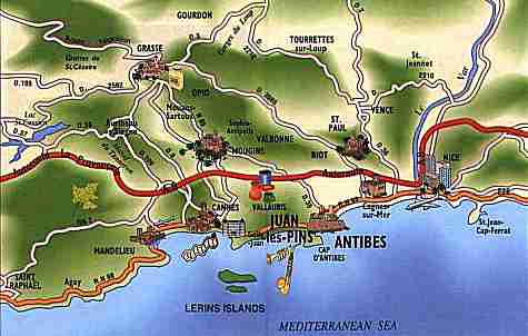 location of Antibes and Juan les Pins next to Cannes and Nice Airport